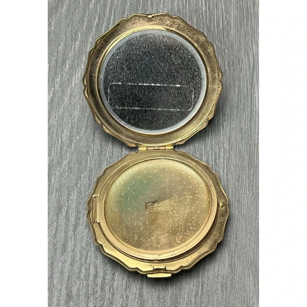 Vintage Stratton Compact Gold Black Stripe Enamel Powder Mirror England w/Bag‎